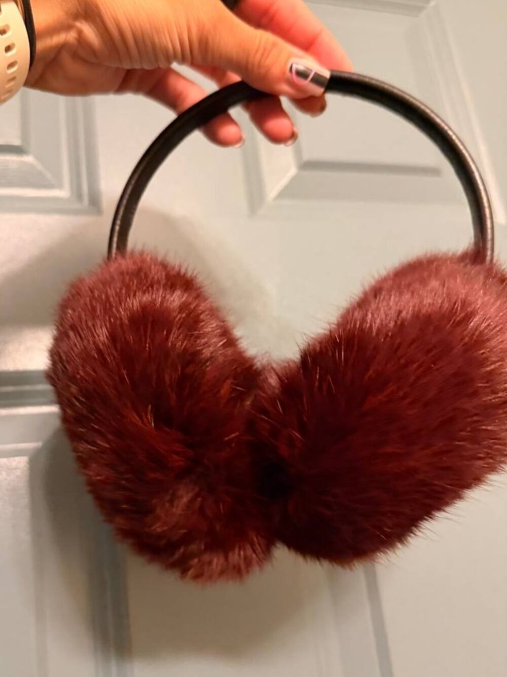 Red Real Mink Fur Winter Earmuffs with Leather Band
